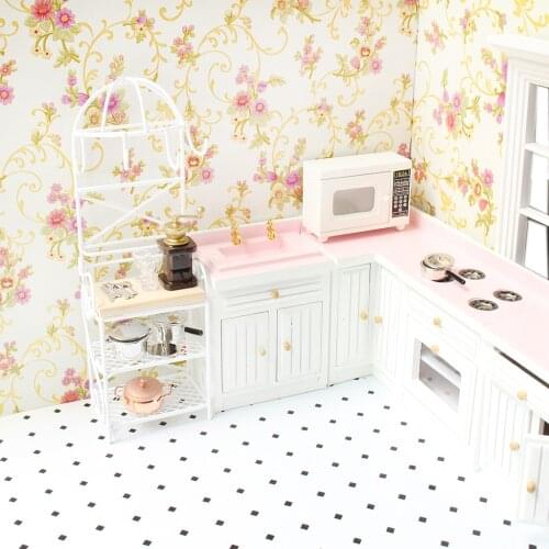 1/12 Scale Doll House White/Black Metal Storage Rack Shelf Dollhouse Decoration Miniature Kitchen Furniture Classic Toys for Kid
