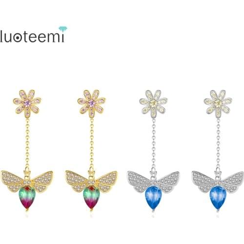 LUOTEEMI Luxury CZ Bee Drop Earrings for Women Fashion Jewelry Anniversary Party Flower Boucle D'Oreille Femme Christmas Gifts