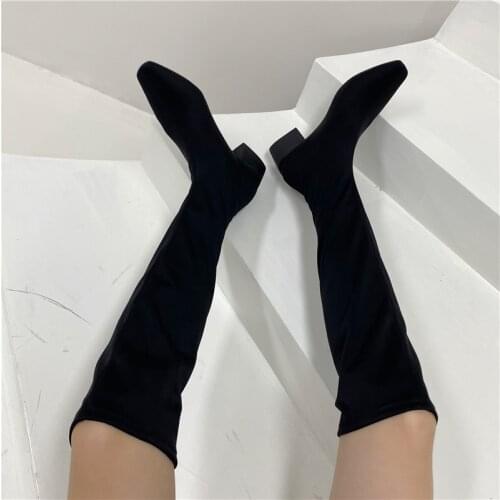 Fashion Women Knee High Boots Round Toe Thick Mid Heels Knight Boots Slip On Sock Boots Stretch Elastic Boots Black Plus Size 42