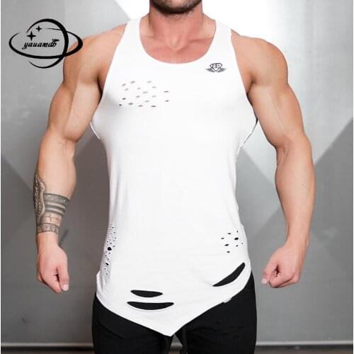 100% Cotton Mens Tank Tops Summer Male Tees Clothing O-neck Hip Hop Solid Color Hole Fitness Breathable Man Clothes H35
