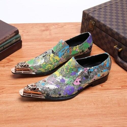 New Luxury Mens Shoes Western Handmade Mens Genuine Leather Dress Shoes Men Formal Pointed Metal Tip Zapatos Hombr