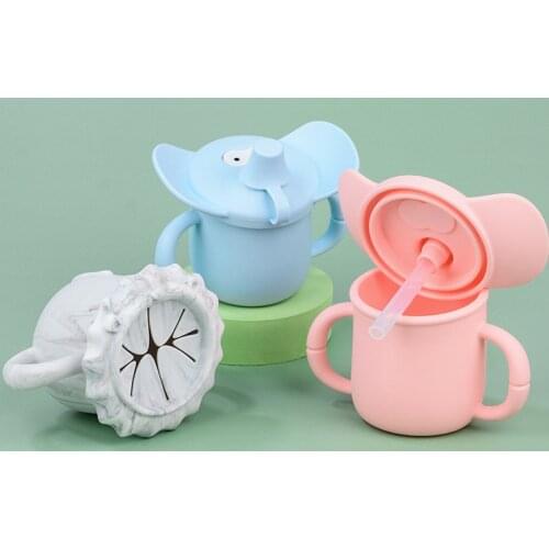 LOFCA Elephant Drinking Cup & Lion Snack Cup Silicone Water Cup Feeding Cup BPA Free Baby Learning Drinkware Childrens Straw