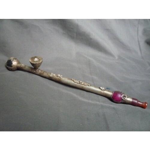 Rare Qing Dynasty silver&jade pipe,1842,35cmLong,free shipping