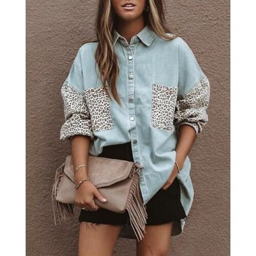 RMSFE 2021 Women Long Sleeve Lapel Single Breasted Fashion Casual Sexy Pocket Leopard Print Stitched Denim Coat Outwear