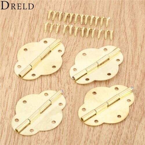 DRELD 4pcs 46*35mm Vintage Furniture Hinges Cabinet Drawer Door Butt Hinge Jewelry Wooden Box Decorative Hinges Antique Gold