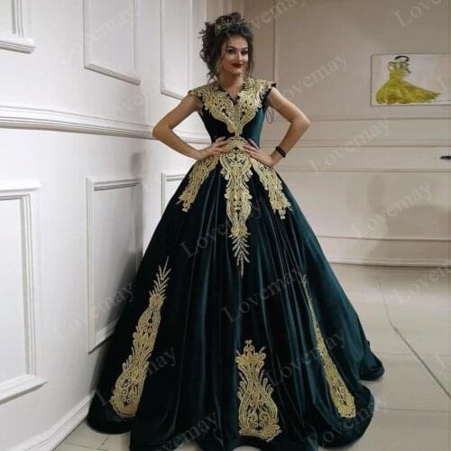 Green Velvet Karakou Algerian Outfits Evening Dresses Removable Train V Neck Cap Sleeves Appliques Lace Women Prom Gowns