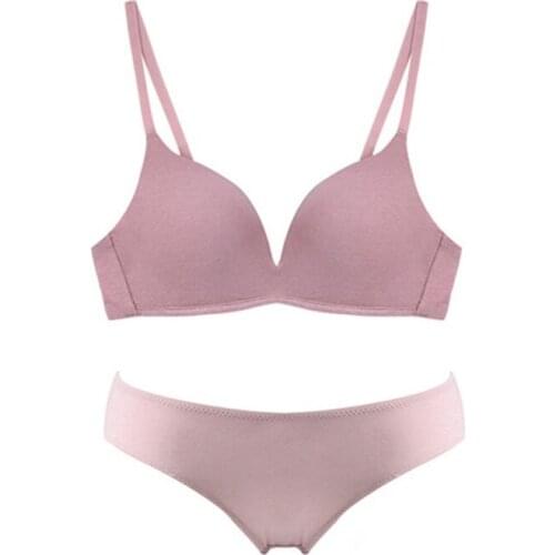 Elovegril Seamless Bra Woman Panties Female Underwear Light Comfortable Wire Free Small Chest Pink Glossy Push Up Bra Set