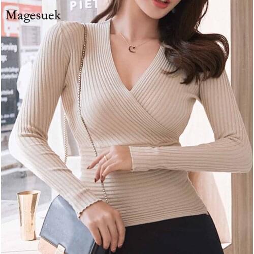 Pullover Korean 2021 Autumn Slim Women Long Sleeve Cotton Winter Clothes V-neck Solid Knitwear Sweater Knit Sweater Women 10452