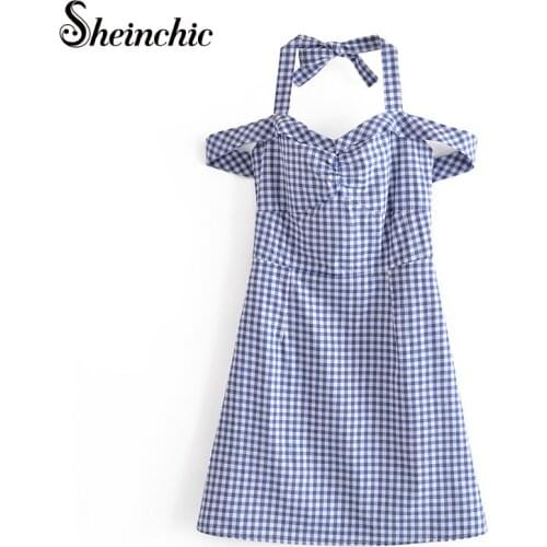 Korean Fashion Elegant Bow Halter Woman Dess 2021 Summer Vintage Blue Plaid Dresses for Women Short Vestidos