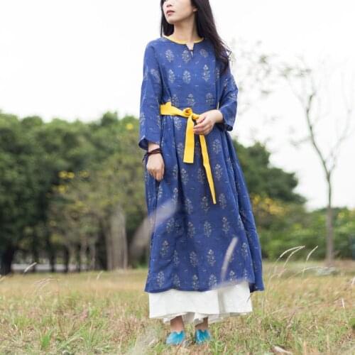 Women Spring Summer Ramie Printed Dress Ladies Loose Dress Female 2021 Ramie Dresses