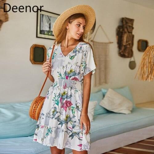 Deenor Women Dresses Summer Sexy V Neck Floral Print Boho Beach Dress Short Sleeve A Line Ruffles Mini Dress Wrap Sundress Robe