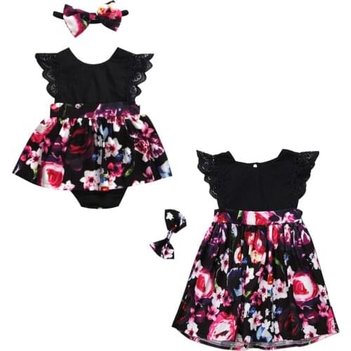 2020 New Summer Sister Matching 2Pcs Set 0-24M Infant Baby Girl Romper/1-6Y Kids Toddler Black Lace Floral Dress+Bow