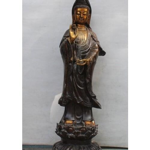 38" Chinese Temple Bronze Gild Stand lotus Kwan-Yin Guan Yin Goddess Statue 02017