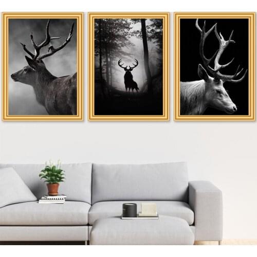 Full Square Round Diamond Embroidery Black White Elk Deer Forest Landscape Mosaic Picture DIY 5D Diamond Painting Cross stitch