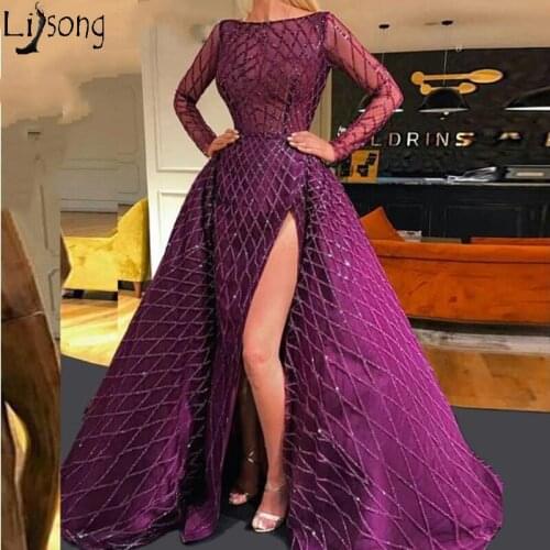 Arabic Purple Long Sleeve Evening Dress with Detachable Skirt Sexy High Slit Chic Prom Dresses 2020 Formal Gown robe de soiree