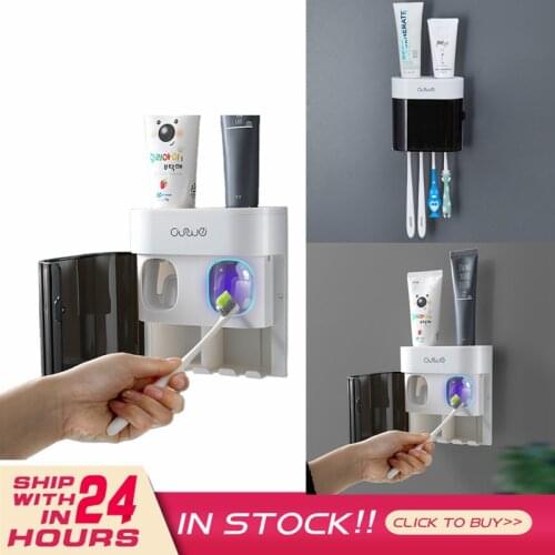Adhesive Automatic Toothpaste Squeezer Set Wall Suction Toothpaste Toothbrush Sterilizer Auto Squeezing Toothbrush Rack Baño