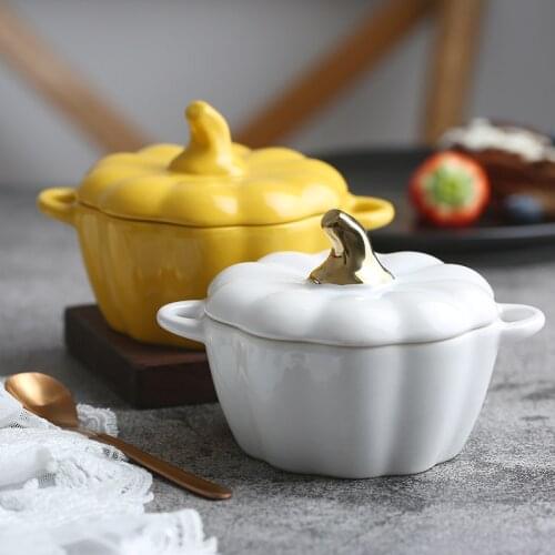 Pumpkin Cup Home Kitchen Tableware Creative Ceramic Baking Soup Pot With Lid Baking Bowl Cartoon Cute Small Bowl
