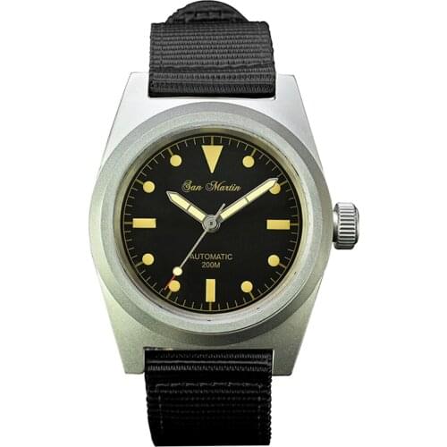 San Martin Men Automatic Watch Aviator Mens Watches Retro Mechanical Wristwatch Sapphire 200M Waterproof C3 Luminous Nylon Strap
