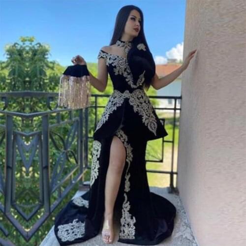 Elegant Off Shoulder Moroccan Kaftan Evening Dresses Sexy Slit Embroidered Long Prom Dress Black Long Formal Dress Women Wear