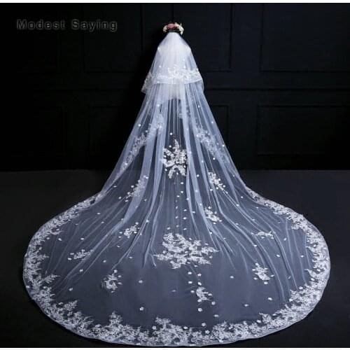 Elegant Ivory Flowers 3 Yard Cathedral Lace Wedding Veils 2018 with Comb Church Royal Bridal Veils abiti da cerimonia da sera