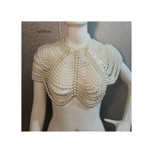 European Mutli-layers Pearl Necklace Shawl Breast Crop Body Chain Bride Wedding Party Wide Layers Pearl weaving Chocker Necklace