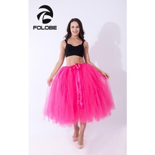 FOLOBE Fuchsia Vintage 80CM Tulle Skirt Tutu Maxi Long Skirts Womens Slim High Waist Skirt Jupe Longue Skater Skirt TT015