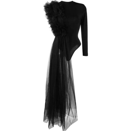 High Street Black Women Bodysuit One Shoulder Ruffles Tulle Short Women Jumpsuit Women Outfit