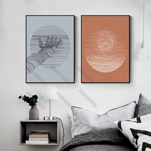 Modern Style Canvas Painting Poster and Print Abstract Hand and Head with Black and White Thin Lines for Home Rooms Wall Decorat
