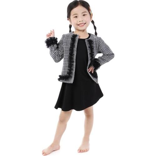 Kaiya Angel 2019 Toddler Girls Dress Set Black Lace Edge Plaid Coat + Sleeveless Knee-Length Dress Princess Party Wedding Outfit