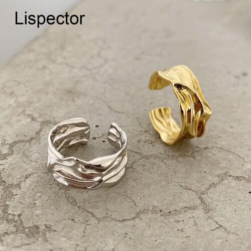Lispector 925 Sterling Silver Korean Irregular Wave Folds Rings for Women Men Wide Texture Ring Unisex Statement Jewelry Gifts