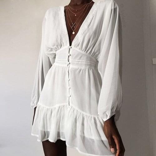 Summer White Chiffon Dress V Neck Button Lace Splice Mini Ruffle Dresses Women for Wedding Party Sexy Long Sleeve Female Clothes