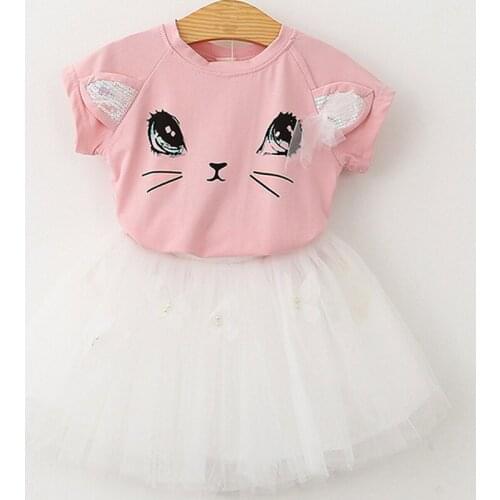 2020 Summer Girls' Clothing Sets Cute Big Eyes Princess Girl Animal T-Shirt +Gauze Skirt 2PCS Kids Clothes Set Children Clothing