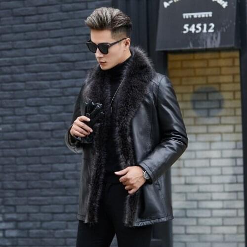 Raccoon Dog Fur Collar Real Genuine Leather Jacket Men Wool Liner Tops Winter Mens Sheepskin Coat ZT5010