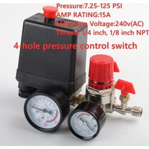 125 PSI Small Air Compressor 4 Holes Pressure Switch Control 15A 240V/AC Adjustable Air Regulator Valve