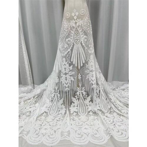 New White Bridal French Net Fabric Sequins Tulle Lace Material Embroidered African Mesh Dentelle Africaine Tela Tissu Sewing JN8