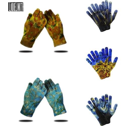 New Van Gogh Oil Painting Knitted Gloves Warm Women Mittens Sunflower Garden Work Gloves Touch Screen Gloves For Mobile Phone