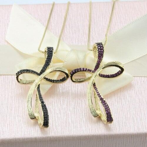 Imitation Ribbon Inlaid Zircon Cross Necklace Copper Gold-plated Necklace