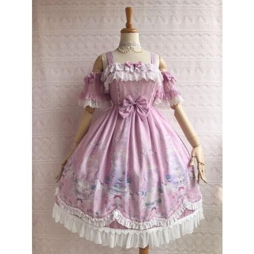 Lolita Dress Open Shoulder Lace and Chiffon Bows Ruffled Lolita Jumper Skirt