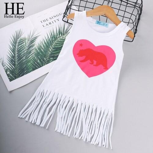 HE Hello Enjoy Girls Dresses Summer 2020 Cotton Children Sleeveless Tassel Love Print Cute Dress Girl Party Kids Clothes