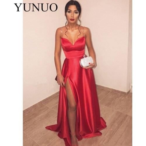 Simple A-Line Long with Side Split Sweetheart Spaghetti Straps Satin Red Formal Evening Dresses