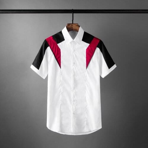 Contrast Color Luxury Short Sleeve Splicing Casual Mens Dress Fashion Slim Fit Party Man Shirts