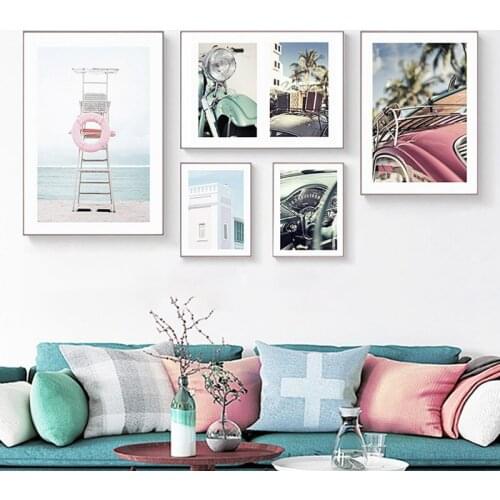 Scandinavian Style Simple Sea Car Decoration Painting Pink Wall Art Landscape Poster for Living Room Home Decoration Artwork
