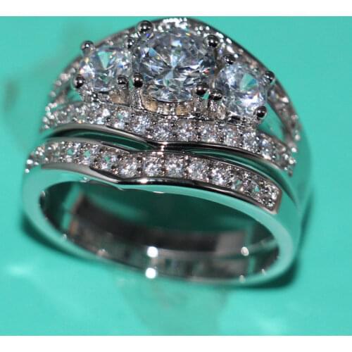 Sz 5-11 Vintage Wholesale Jewelry Three stone 10kt white gold filled Gem Simulated stones AAA CZ wedding bridal ring set Gift