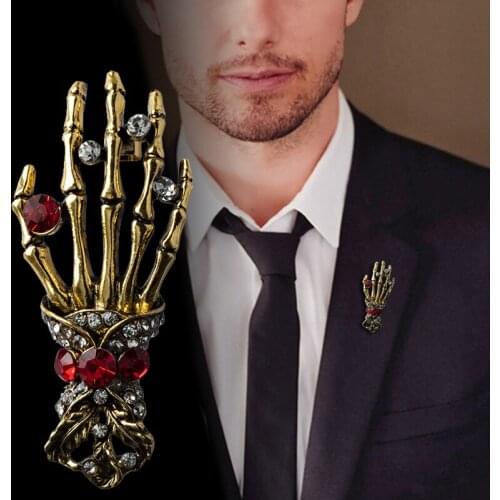 Vintage Skeleton Crystal Metal Rhinestone Brooch Badge Pins Brooches Decorative Shirt Collar Accessories Suit Men