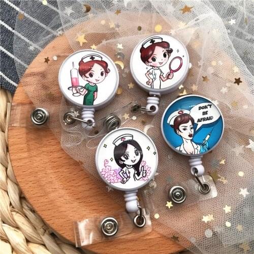 High Quality Cartoon New Design Retractable Nurse Badge Reel Clip Fashion Students Pretty Girl Pattern IC Name Card Badge Holder