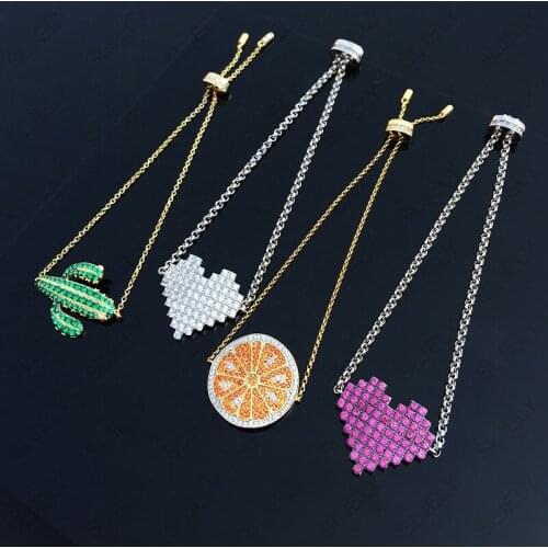 SLJELY Real S925 Sterling Silver Cubic Zirconia Stones Cactus Orange Piggy Pixel Heart Bracelet Women Fashion Cute Party Jewelry