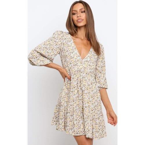 New Autumn Sexy Deep V Neck Mini Dress Women 2021 Half Sleeve Folds Empirt Ladies Party Dresses Elegant Vintage Floral Sundress