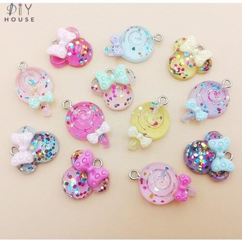 10/20/30Pcs Sequin Ear Bows/Lollipop Flat Back Planar Resin Color DIY Craft Supplies Key Chain Hanging Ring Pendant Accessories