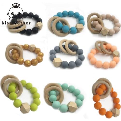 2pcs Baby Silicone Teether Handmade Nursing Silicone Bead Teething wooden ring Bead With Bracelet Wooden elephant teethen
