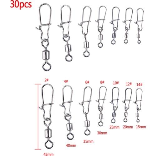 30pcs Stainless Steel Fishing Connector Pin Bearing Rolling Swivel Snap Pins Fishing Tackle Accessories 2# 4# 6# 8#10# 12#14